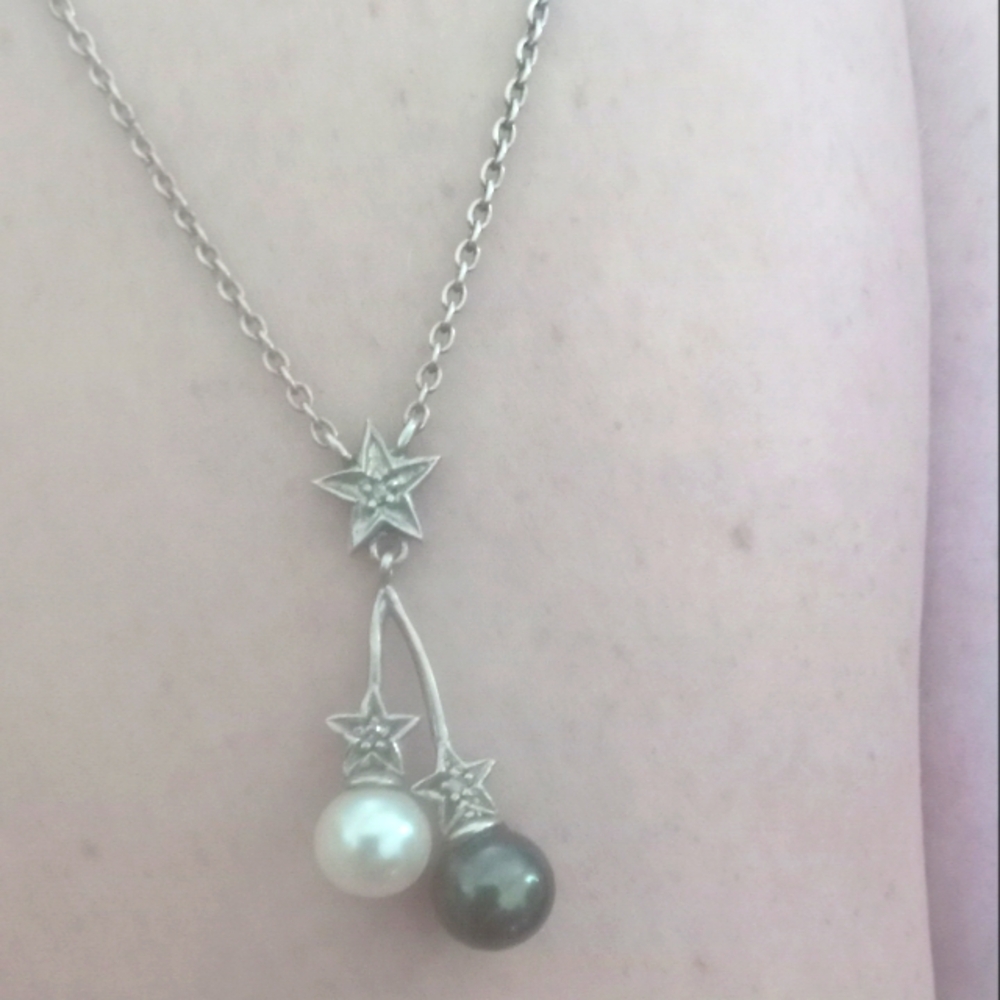 Sterling Silver Diamond Two Pearl Necklace Black And White